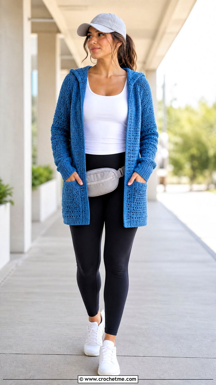 Hooded Blue Crochet Cardigan With Leggings - 35 blue crochet cardigan outfit ideas