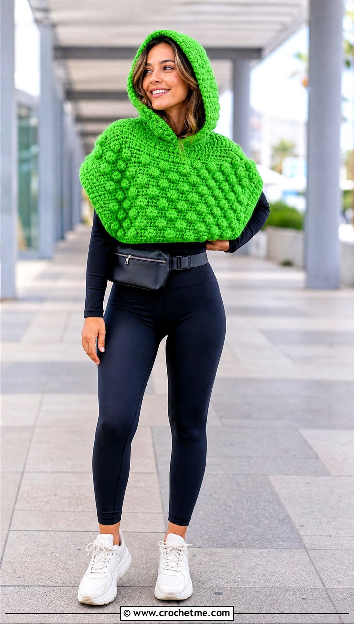 Hooded Bobble Stitch Cropped Crochet Poncho With Leggings - 20 Cropped Crochet Poncho outfit ideas