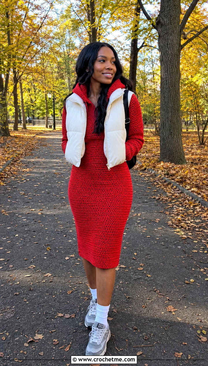 Hooded Bodycon Crochet Dress With Puffer Vest - 25 bodycon crochet dress outfit ideas
