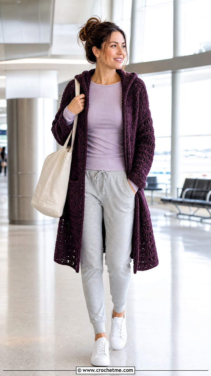 Hooded Boho Crochet Cardigan With Joggers - 35 Boho Crochet Cardigan outfit ideas