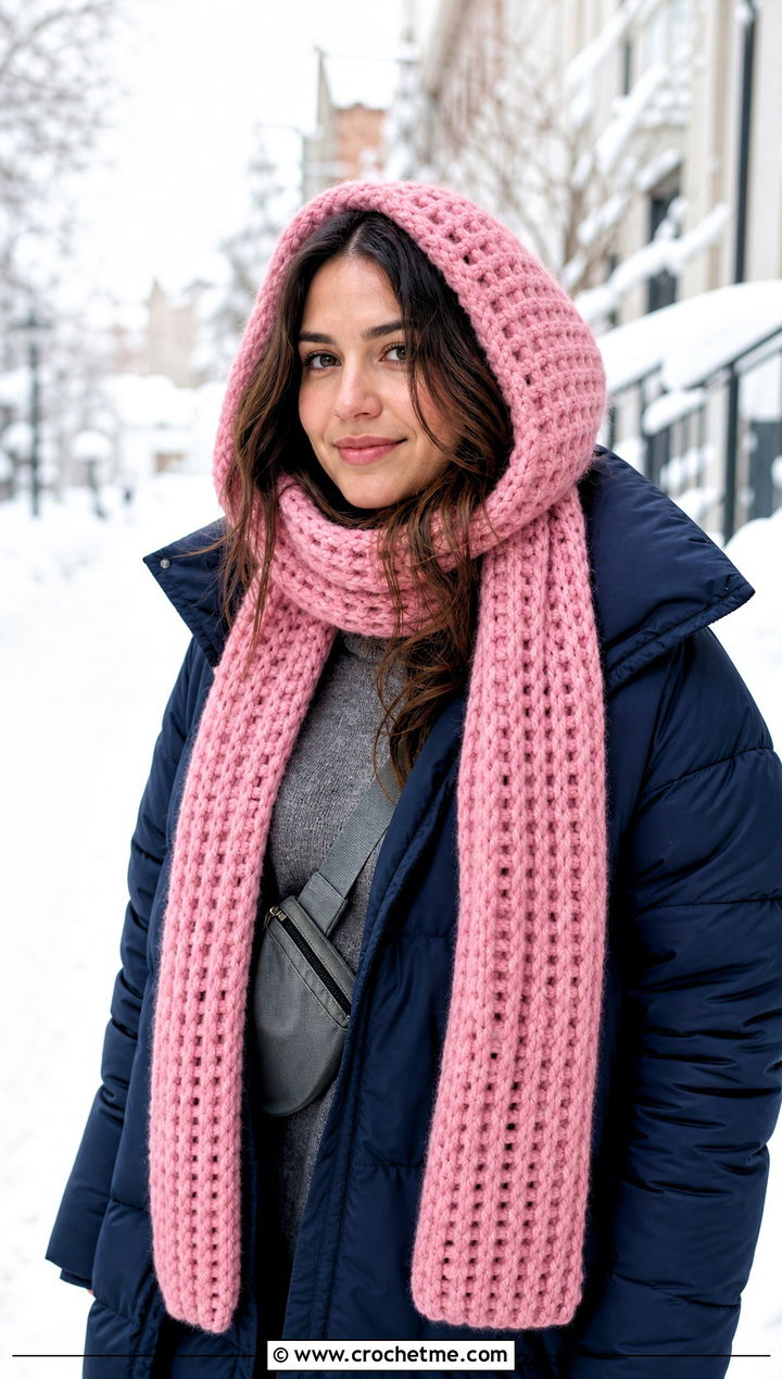 Hooded Bonfire Scarf With Long Puffer Coat - 20 Crochet Bonfire Scarf outfit ideas
