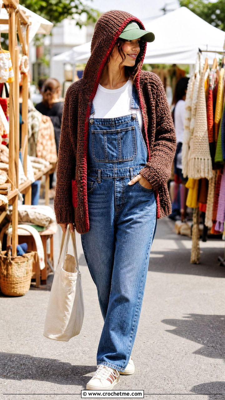 Hooded Brown Crochet Cardigan Sweater With Denim Overalls - 35 crochet brown sweater outfit ideas
