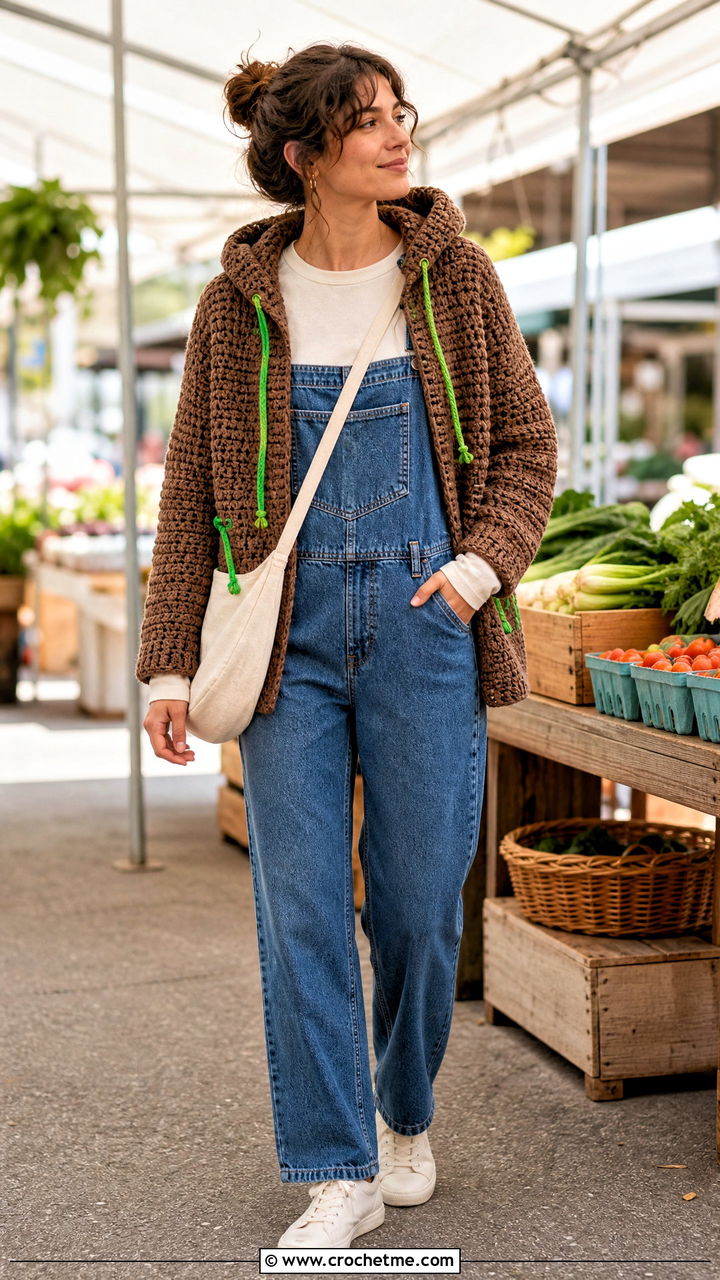 Hooded Brown Crochet Cardigan With Denim Overalls - 35 Brown Crochet Cardigan outfit ideas