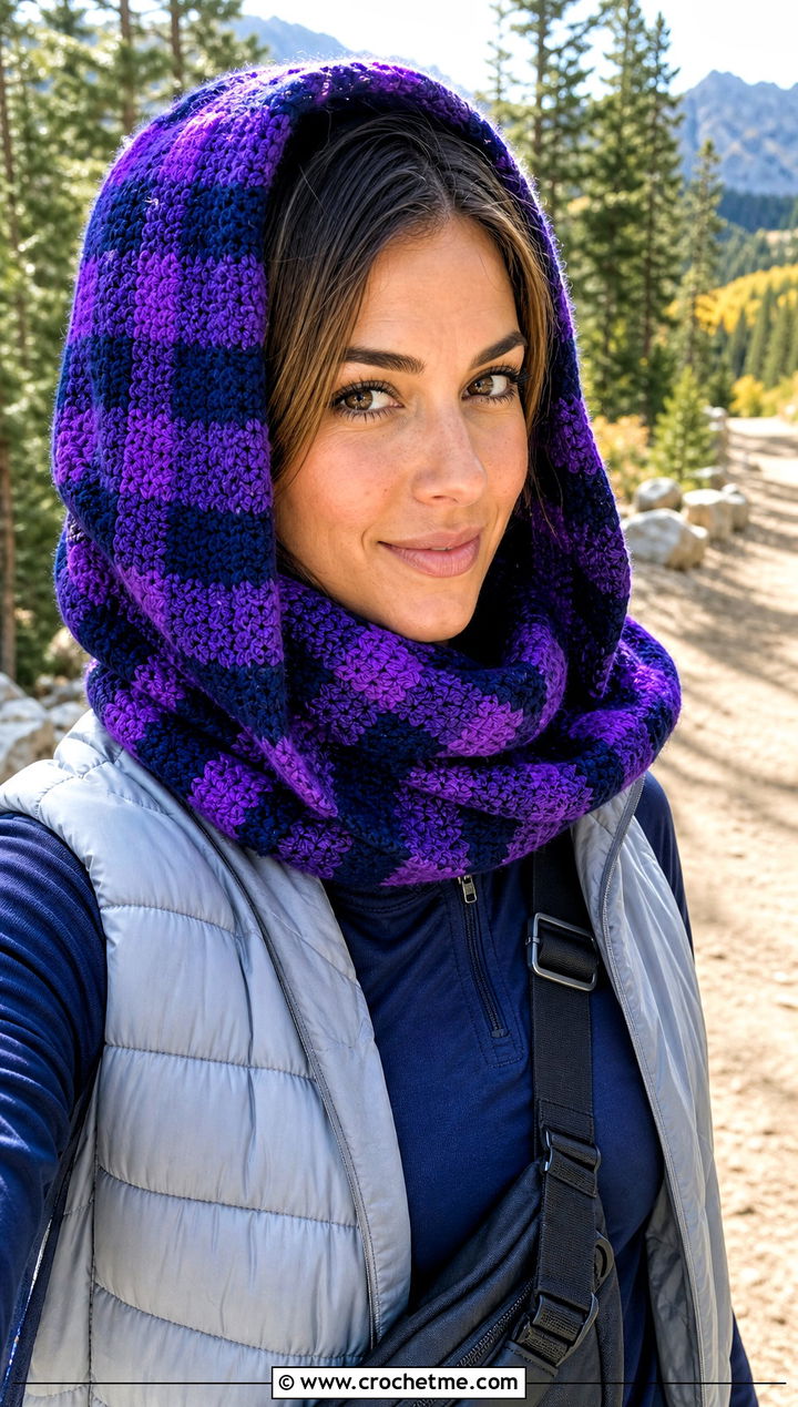 Hooded Buffalo Plaid Crochet Scarf With Puffer Vest - 15 buffalo plaid crochet scarf outfit ideas