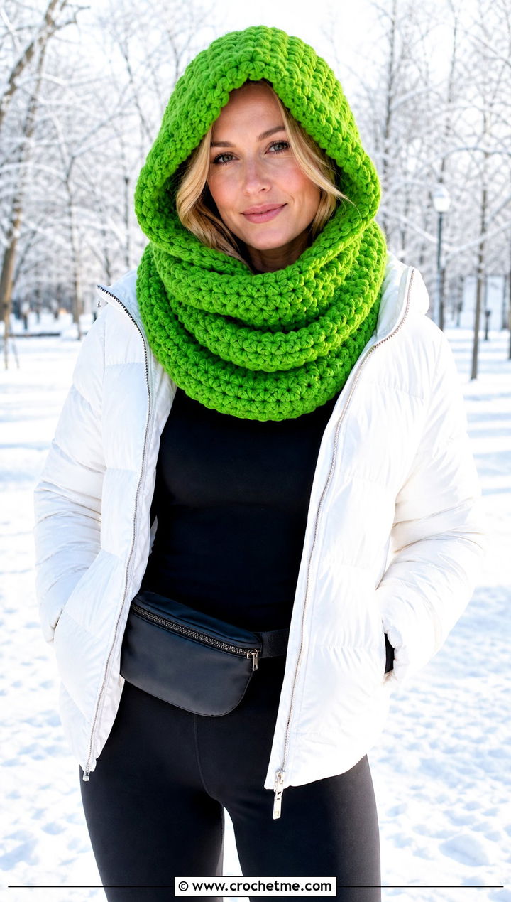 Hooded Bulky Crochet Cowl With Puffer Jacket - 20 Bulky Crochet Cowl outfit ideas