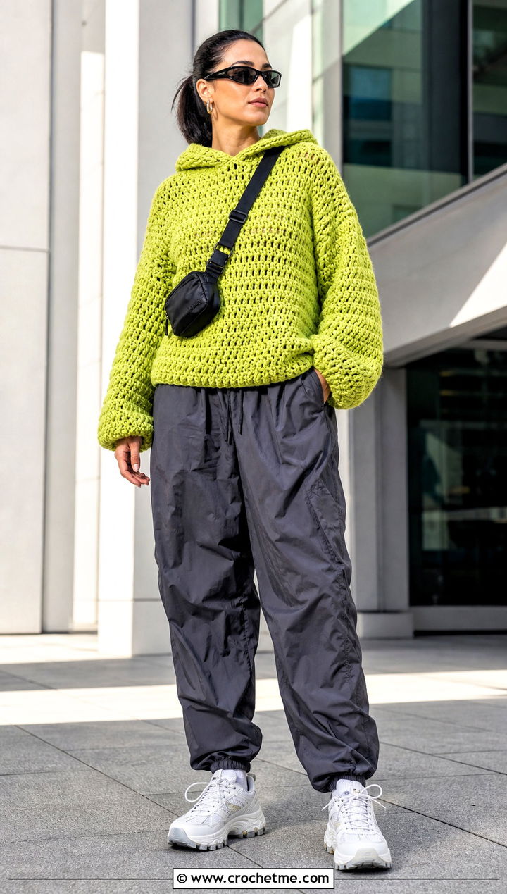 Hooded Bulky Crochet Sweater With Parachute Pants - 30 bulky yarn crochet sweater outfit ideas
