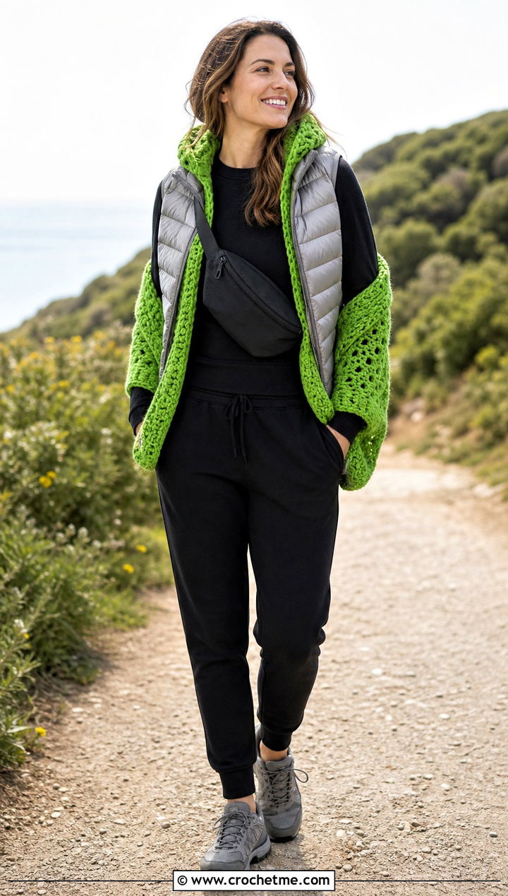 Hooded Bulky Yarn Crochet Shawl With Puffer Vest - 20 Bulky Yarn Crochet Shawl outfit ideas