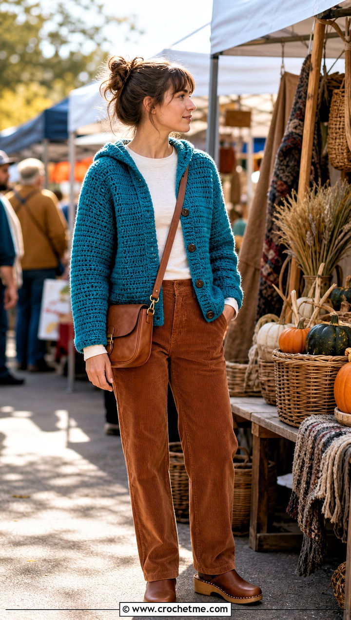 Hooded Button Cardigan With Corduroy Pants - 25 Crochet Button Cardigan outfit ideas
