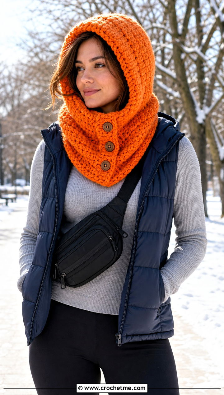 Hooded Button Cowl With Puffer Vest And Leggings - 15 Crochet Cowl With Buttons outfit ideas