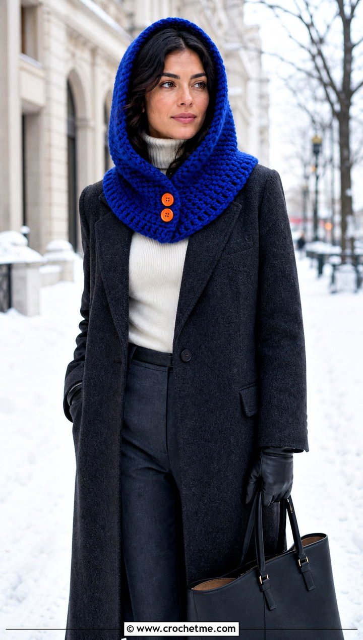 Hooded Button Crochet Scarf With Long Coat - 15 Button Crochet Scarf outfit ideas