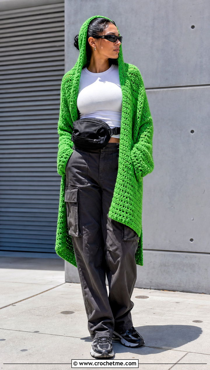 Hooded Buttoned Crochet Wrap With Cargo Pants - 15 Buttoned Crochet Wrap outfit ideas