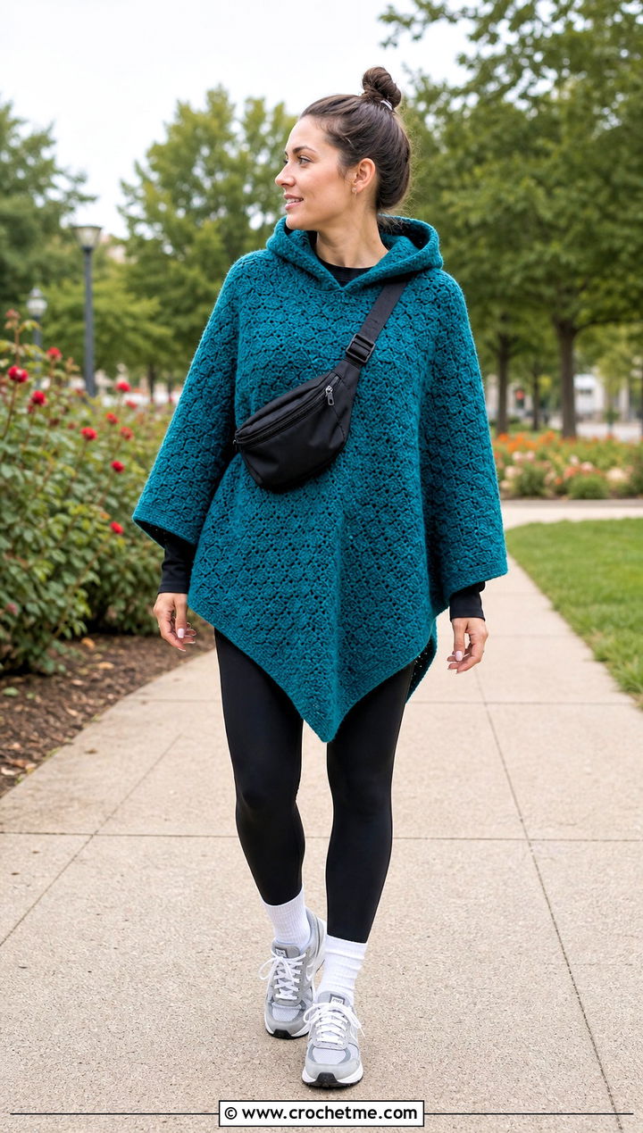 Hooded C C Poncho With Leggings And Sneakers - 15 Crochet C2C Poncho outfit ideas