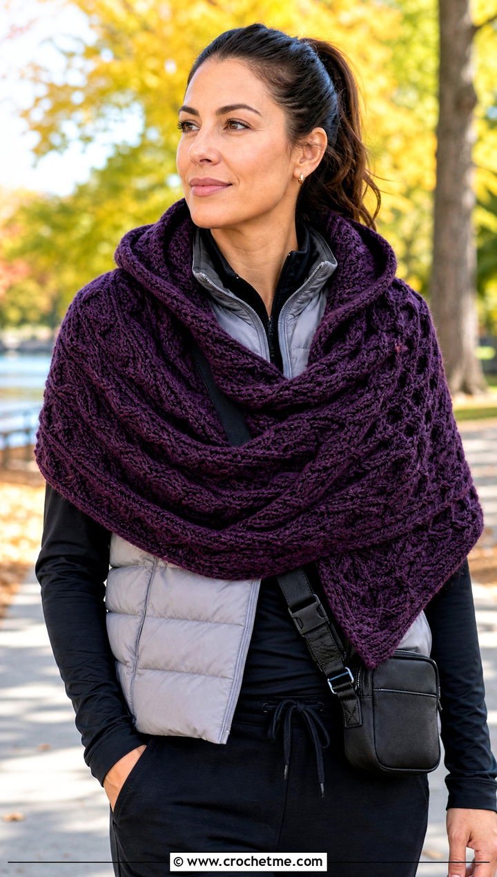 Hooded Cable Shawl With Puffer Vest - 15 Crochet Cable Shawl outfit ideas