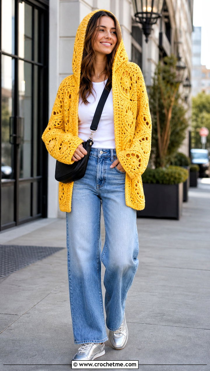 Hooded Campfire Cardigan With Straight Leg Jeans - 30 crochet campfire cardigan outfit ideas