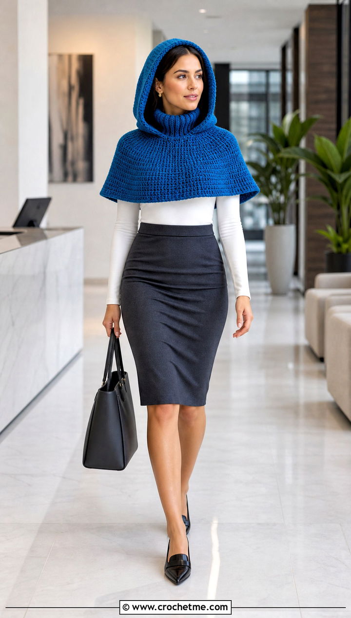 Hooded Capelet Crochet Turtleneck Hoodie With Pencil Skirt - 35 crochet turtleneck hoodie outfit ideas