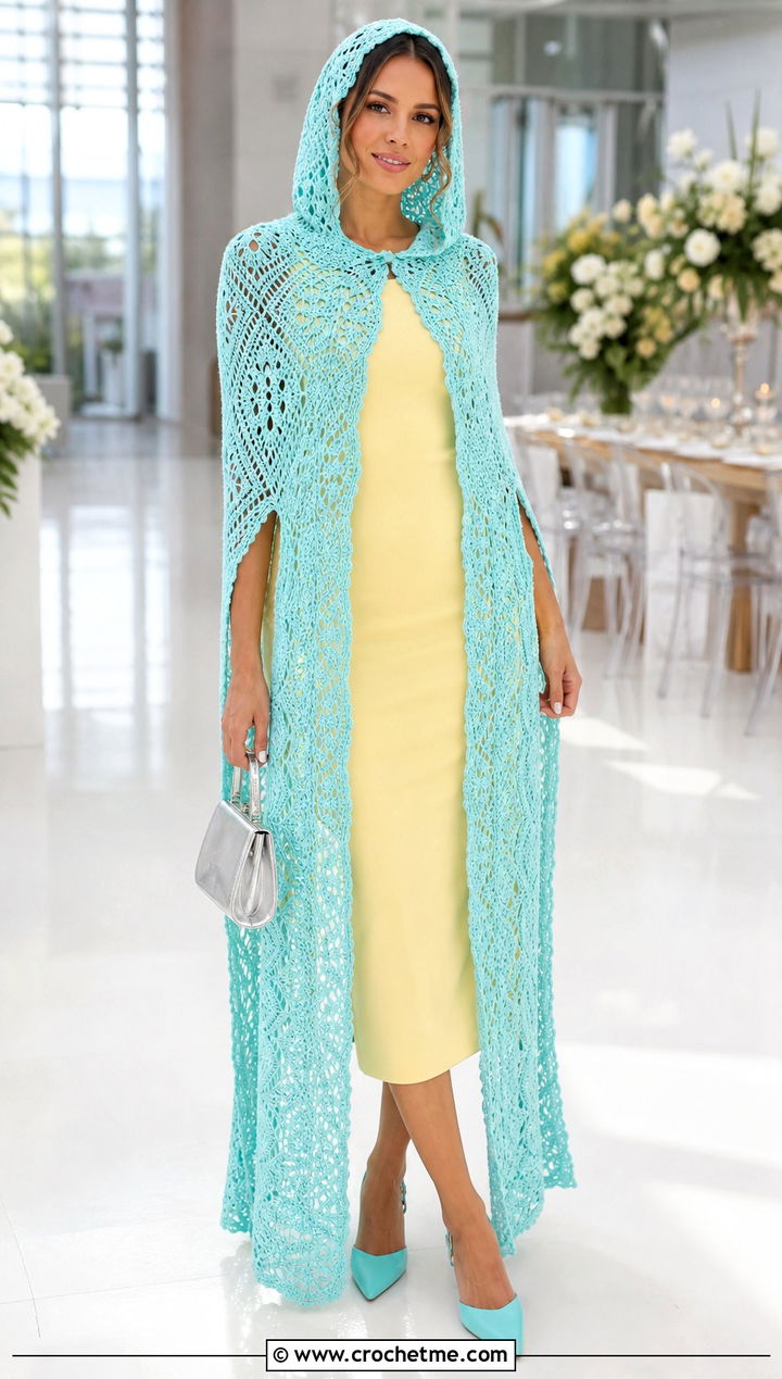 Hooded Capelet With Long Crochet Panels And Midi Dress - 25 Long Hooded Crochet Cape outfit ideas