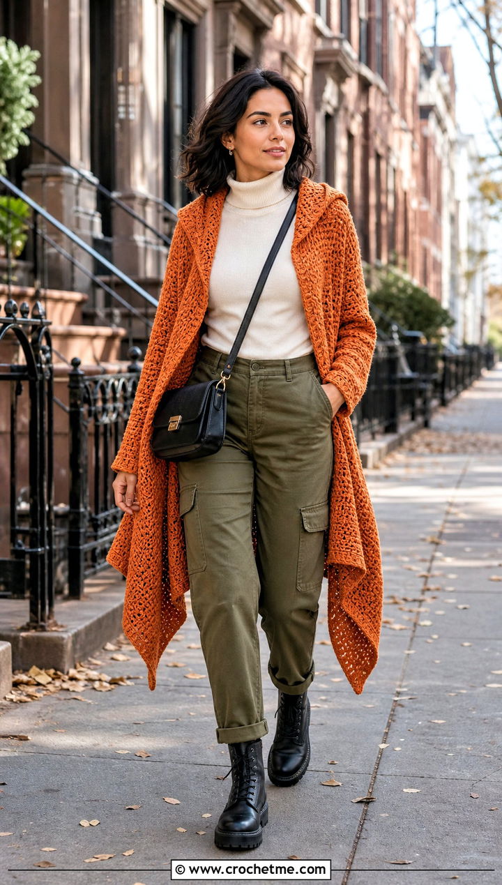 Hooded Cascade Crochet Cardigan With Cargo Pants - 15 cascade crochet cardigan outfit ideas