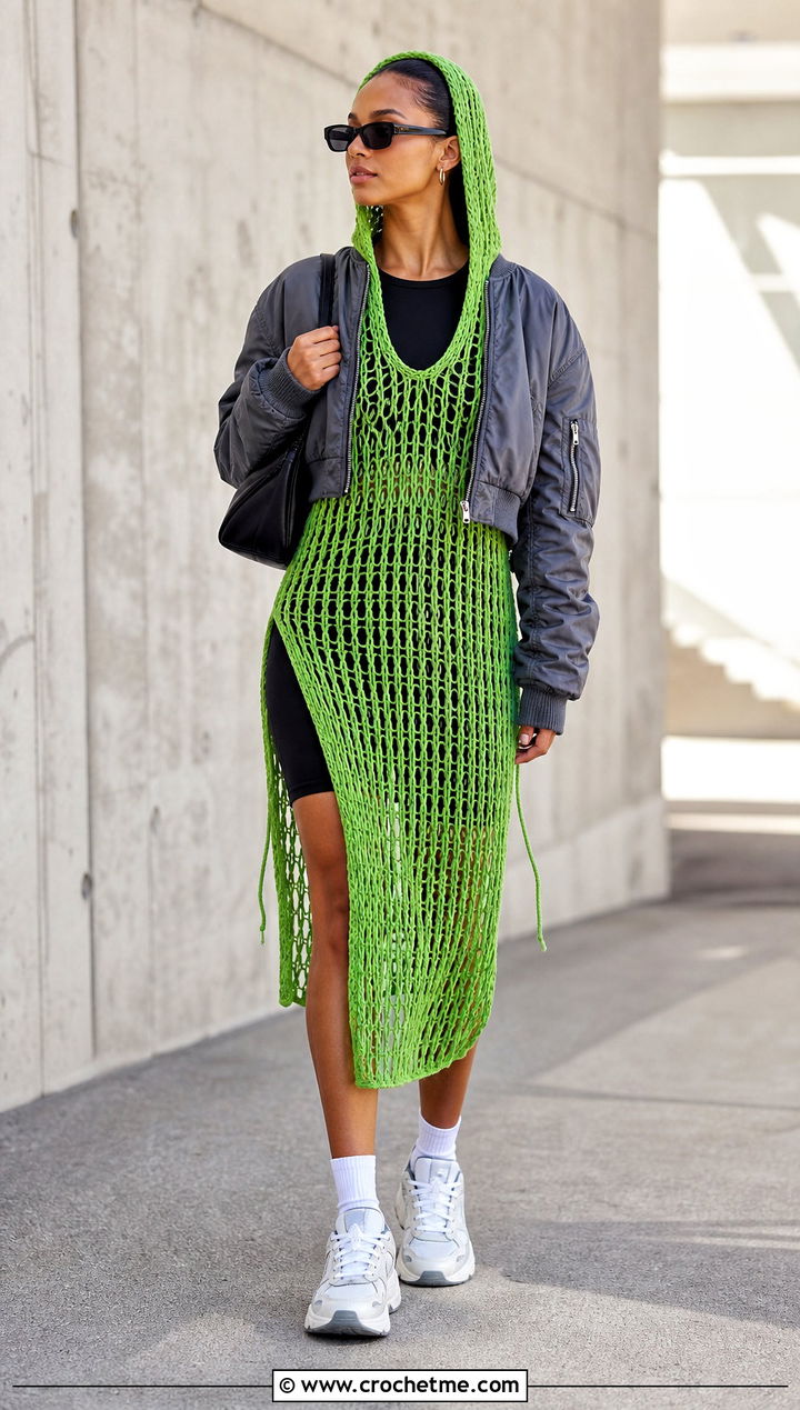 Hooded Chain Dress With Bomber Jacket - 20 Crochet Chain Dress outfit ideas