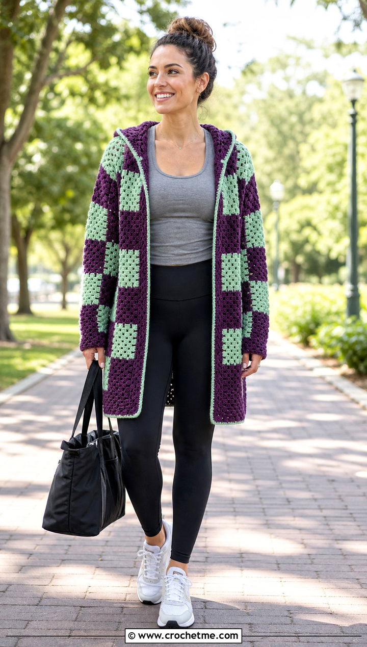Hooded Checkered Crochet Cardigan With Leggings - 25 Checkered Crochet Cardigan outfit ideas
