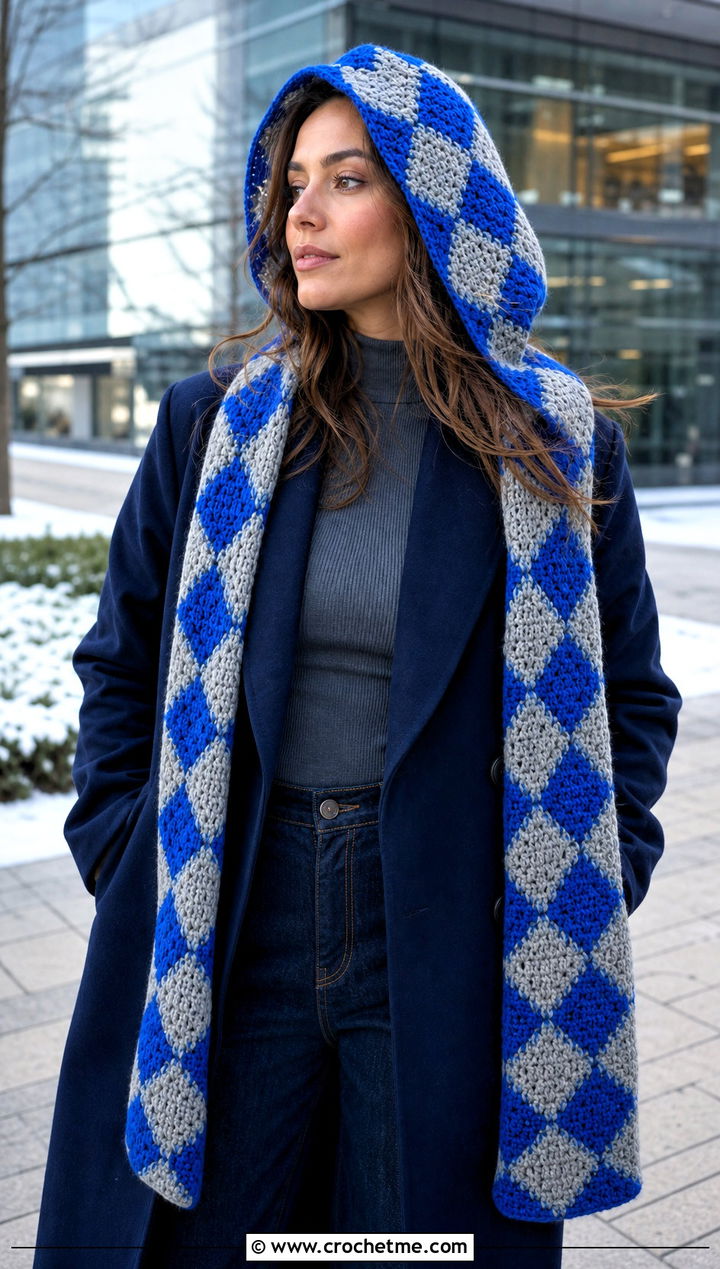 Hooded Checkered Crochet Scarf With Long Coat and Wide Leg Jeans - 20 Checkered Crochet Scarf outfit ideas
