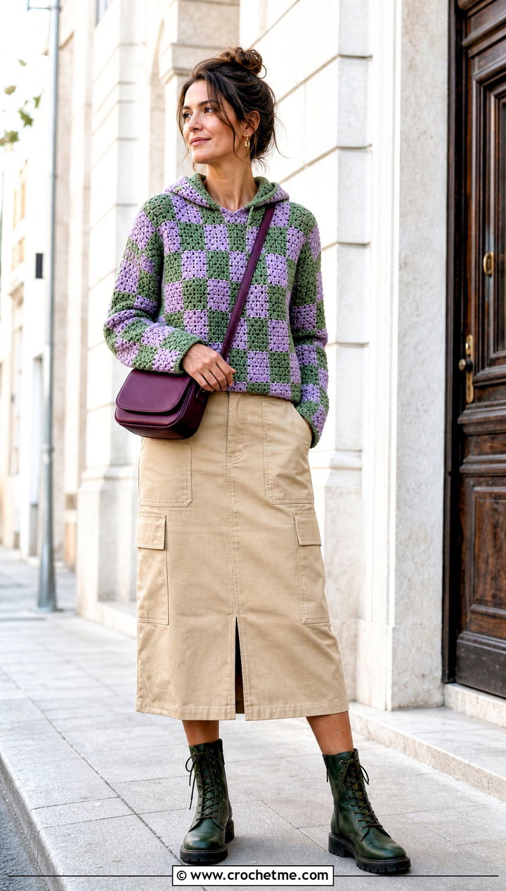 Hooded Checkered Crochet Sweater With Utility Skirt - 30 checkered crochet sweater outfit ideas