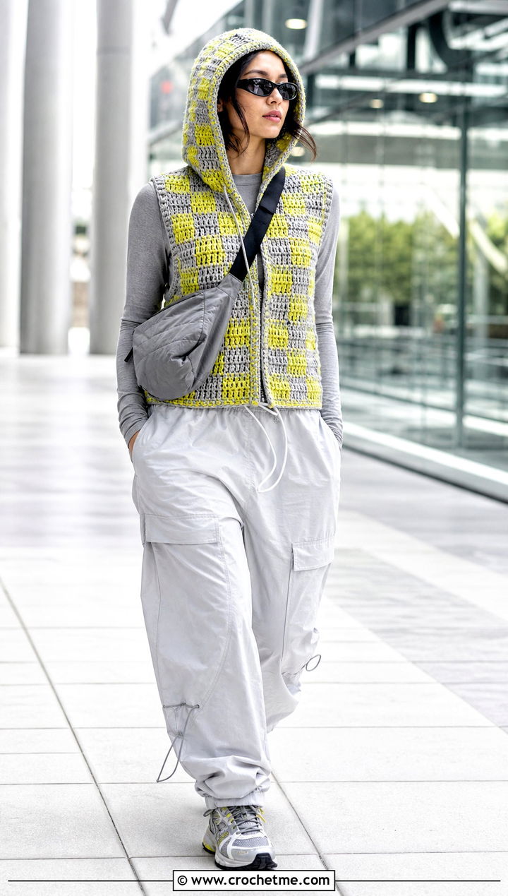 Hooded Checkered Crochet Vest With Parachute Pants - 30 checkered crochet vest outfit ideas
