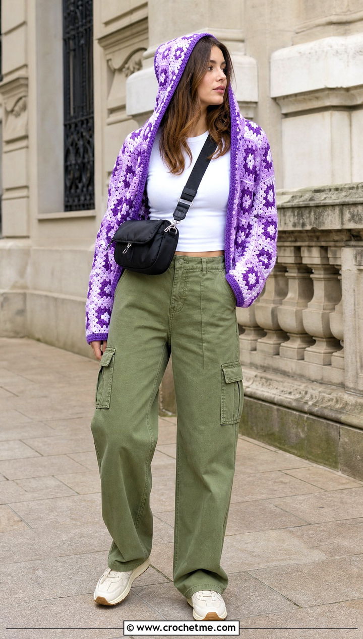 Hooded Checkered Granny Square Cardigan With Cargo Pants - 25 checkered granny square cardigan outfit ideas
