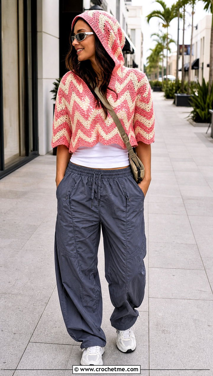 Hooded Chevron Crochet Top With Parachute Pants - 30 crochet chevron top outfit ideas