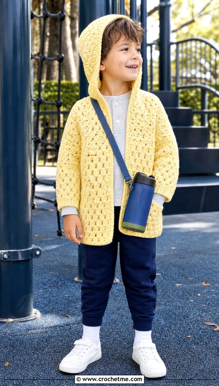 Hooded Childs Hexagon Cardigan With Joggers - 15 Crochet Childs Hexagon Cardigan outfit ideas
