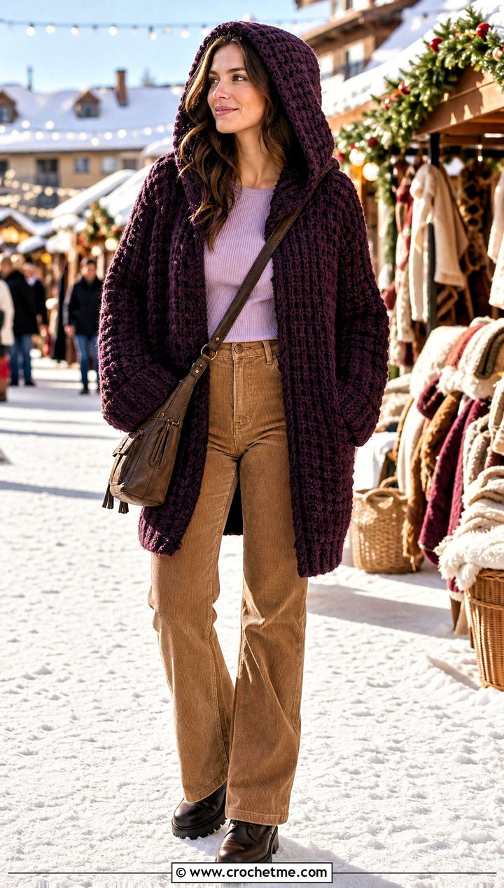 Hooded Chunky Crochet Cardigan With Corduroy Pants - 15 classic crochet cardigan outfit ideas