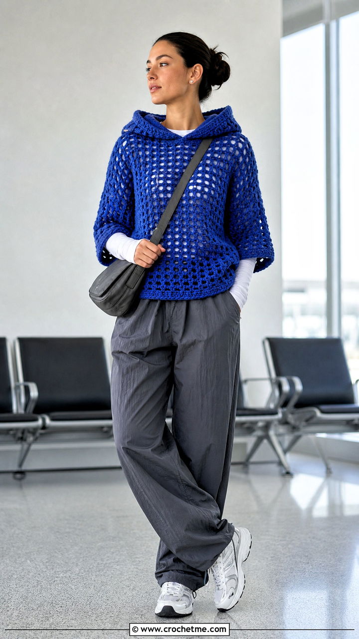 Hooded Chunky Crochet Jumper With Parachute Pants - 35 chunky crochet jumper outfit ideas