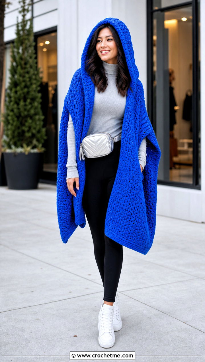 Hooded Chunky Crochet Poncho With Black Leggings - 25 Chunky Yarn Crochet Poncho outfit ideas