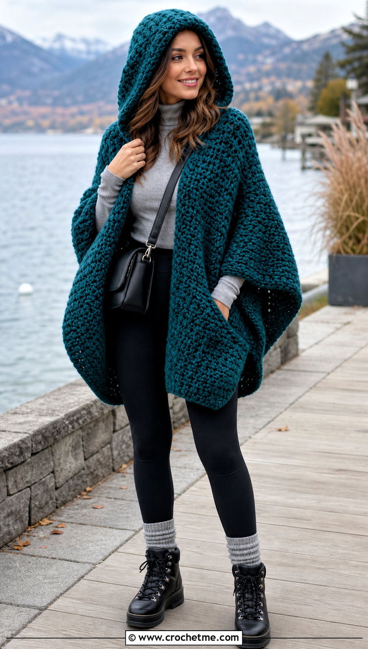 Hooded Chunky Crochet Poncho With Black Leggings - 25 Chunky Crochet Poncho outfit ideas