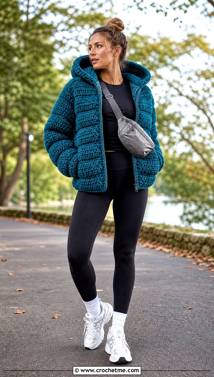 Hooded Chunky Crochet Puffer Jacket With Leggings - 35 crochet puffer jacket outfit ideas