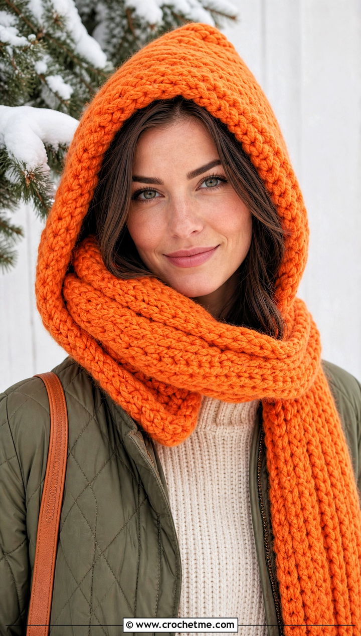 Hooded Chunky Crochet Scarf With Quilted Jacket - 15 Crochet Scarves Chunky Yarn outfit ideas