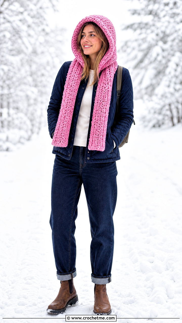 Hooded Chunky Crochet Scarf With Quilted Jacket - 35 chunky crochet scarf outfit ideas