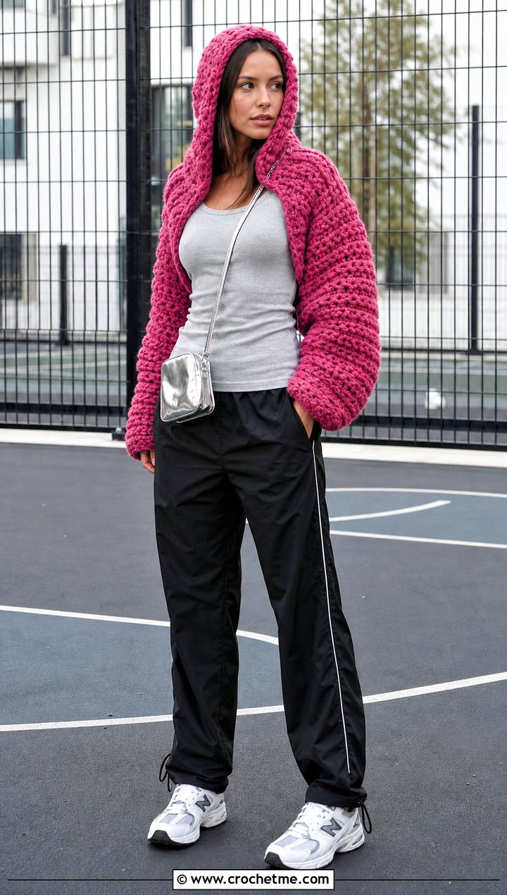 Hooded Chunky Crochet Shrug With Track Pants - 25 Chunky Crochet Shrug outfit ideas