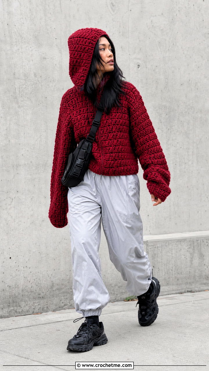 Hooded Chunky Crochet Sweater With Parachute Pants - 35 chunky crochet sweater outfit ideas