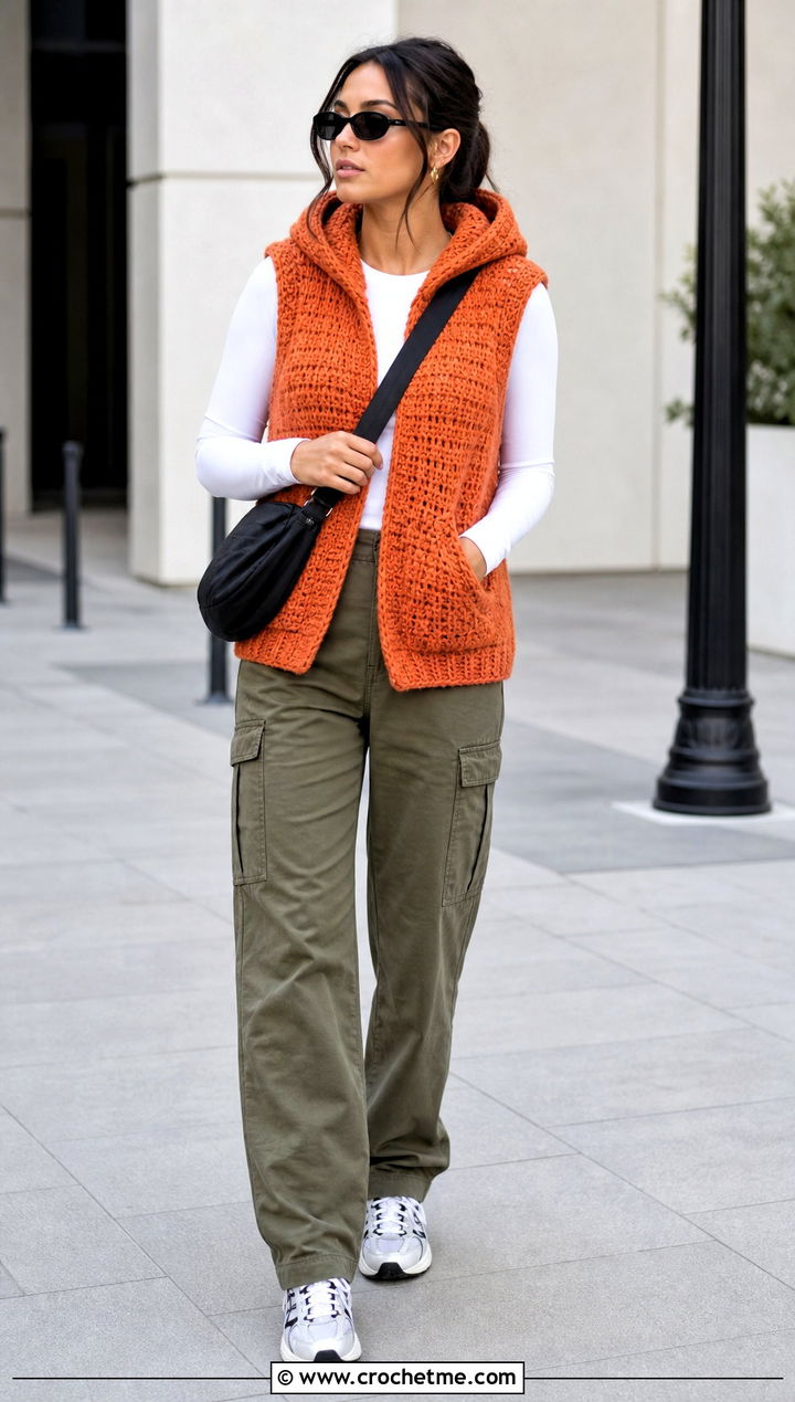 Hooded Chunky Crochet Vest With Cargo Pants - 30 crochet chunky vest outfit ideas