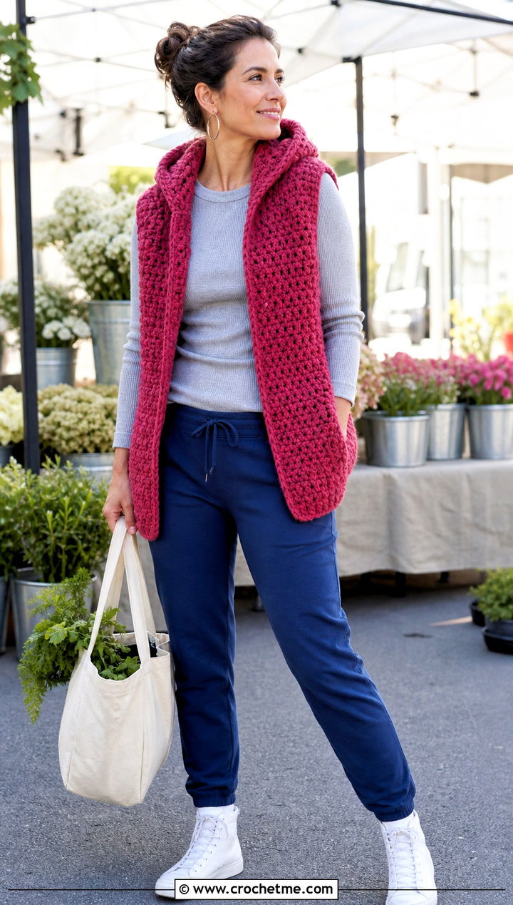 Hooded Chunky Crochet Vest With Joggers - 20 Chunky Yarn Crochet Vest outfit ideas
