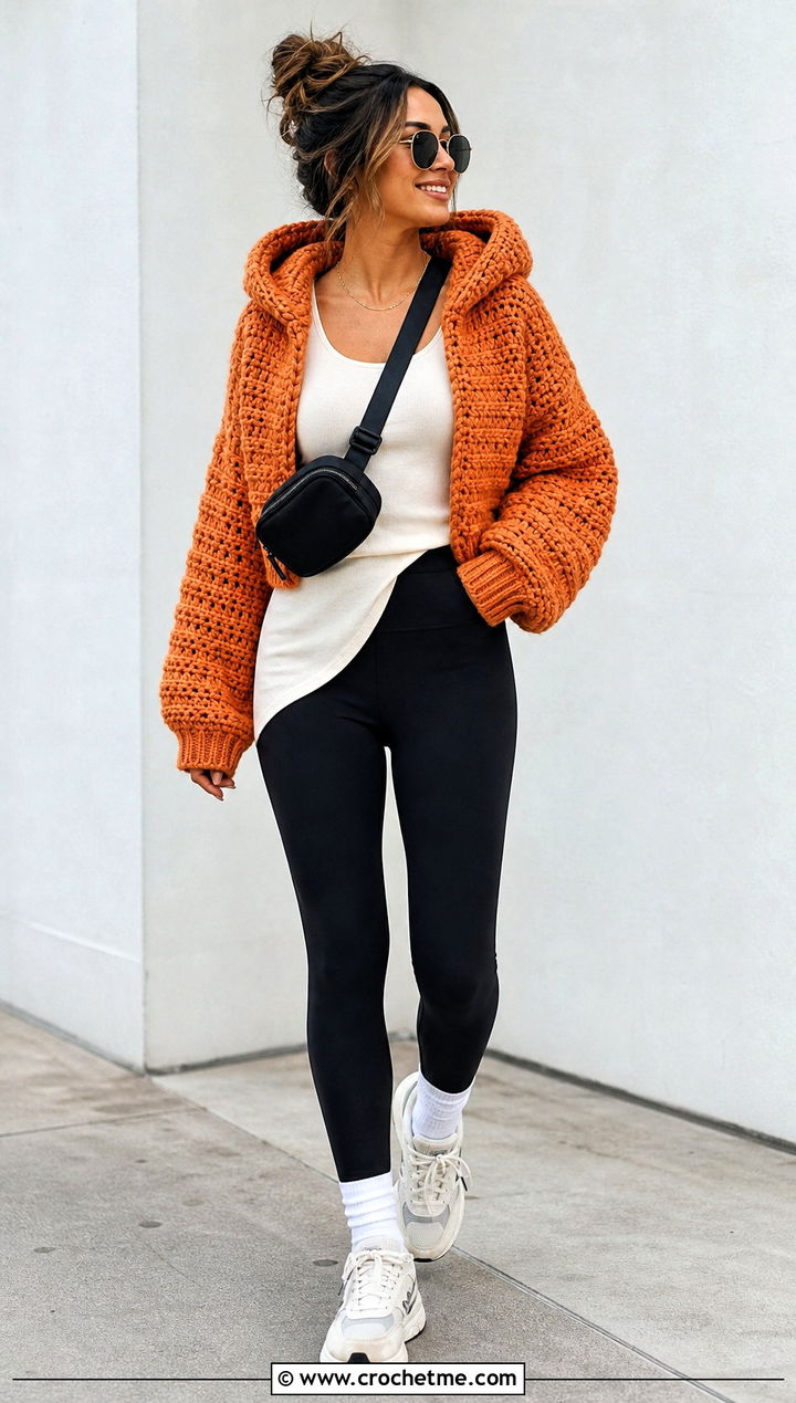 Hooded Chunky Cropped Cardigan With Leggings - 15 Crochet Chunky Cropped Cardigan outfit ideas