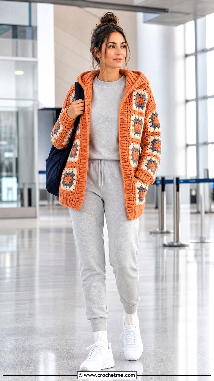 Hooded Chunky Granny Square Cardigan With Jogger Set - 35 Chunky Granny Square Cardigan outfit ideas
