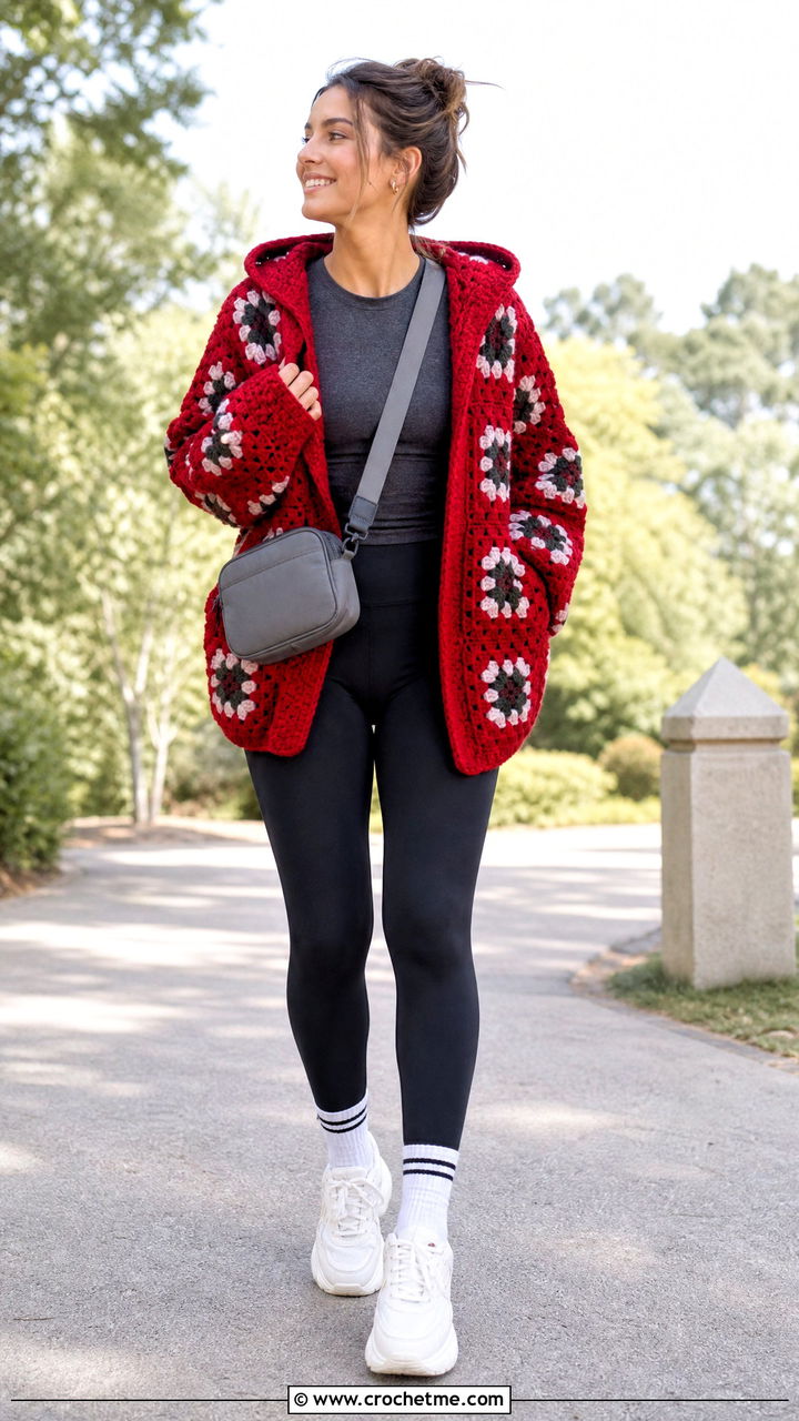 Hooded Chunky Granny Square Cardigan With Leggings - 35 Chunky Granny Square Cardigan outfit ideas