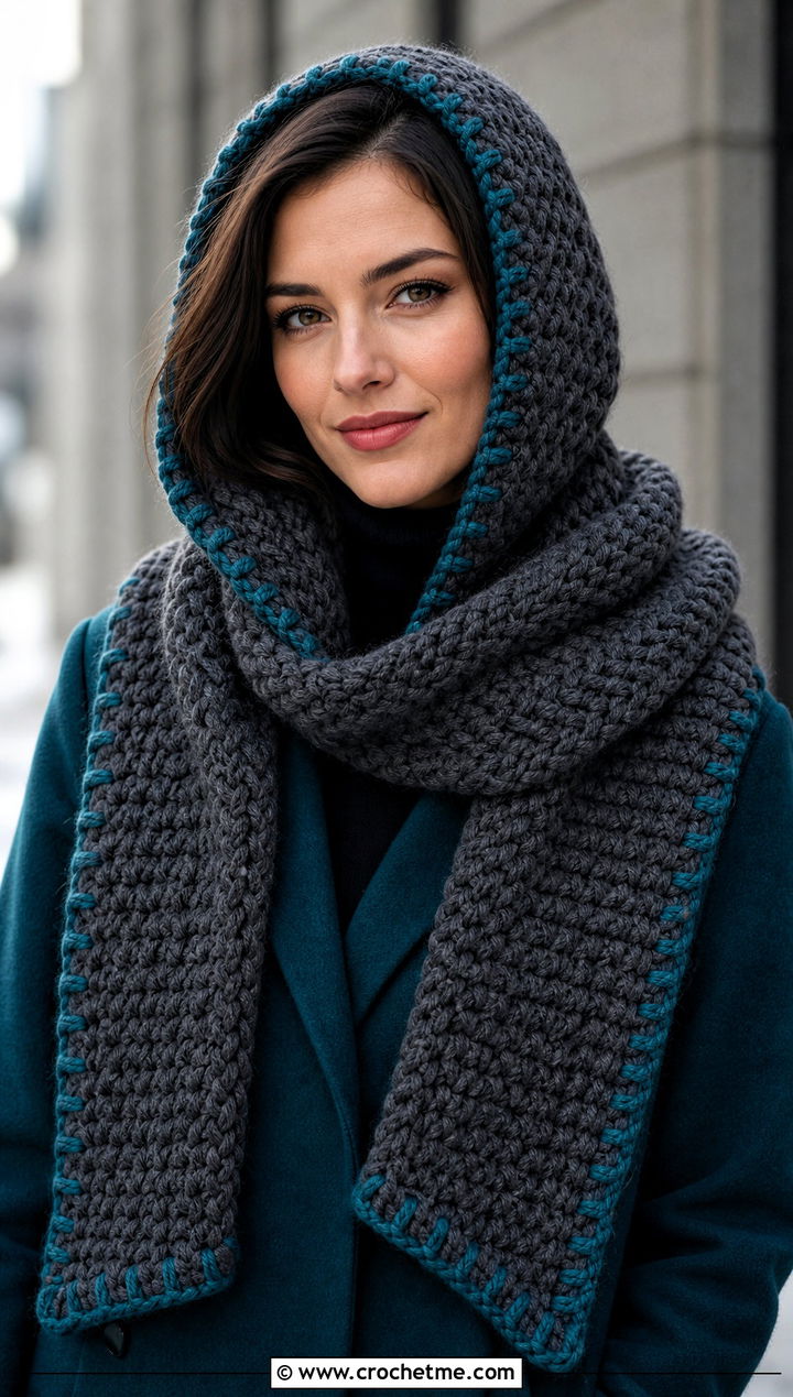Hooded Chunky Gray Crochet Scarf With Wool Coat And Boots - 15 Chunky Gray Crochet Scarf outfit ideas