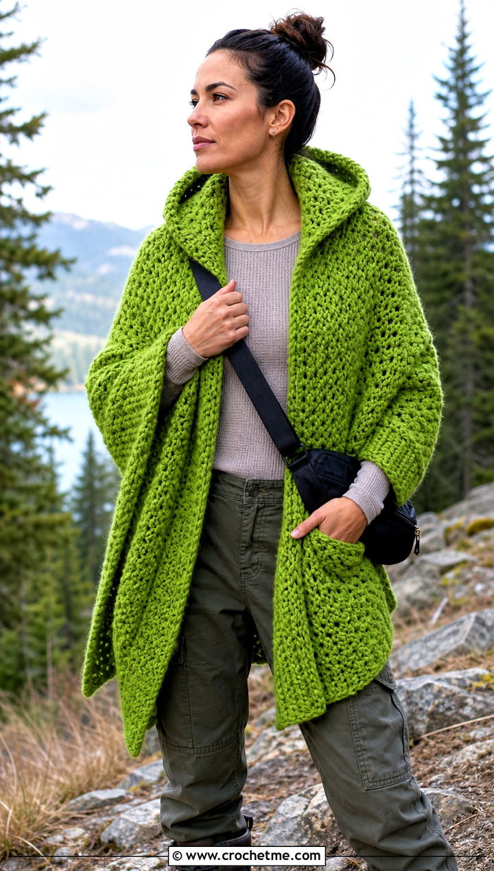 Hooded Chunky Shawl With Utility Pants - 25 Crochet Chunky Shawl outfit ideas