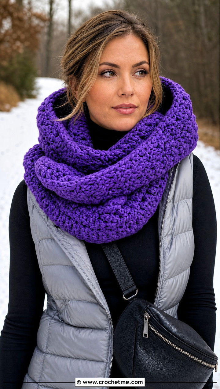 Hooded Chunky Yarn Crochet Cowl With Puffer Vest - 25 Chunky Yarn Crochet Cowl outfit ideas