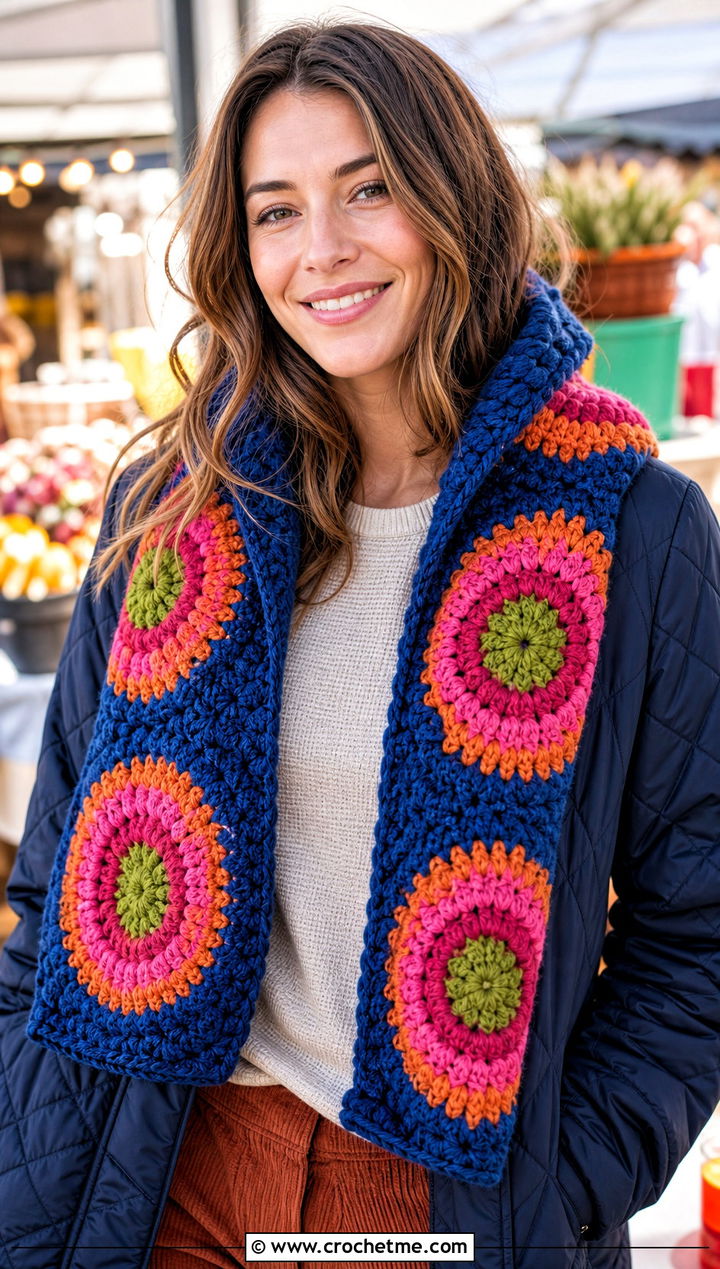 Hooded Circle Crochet Scarf With Quilted Jacket And Corduroy Pants - 15 crochet scarf with colorful circles outfit ideas