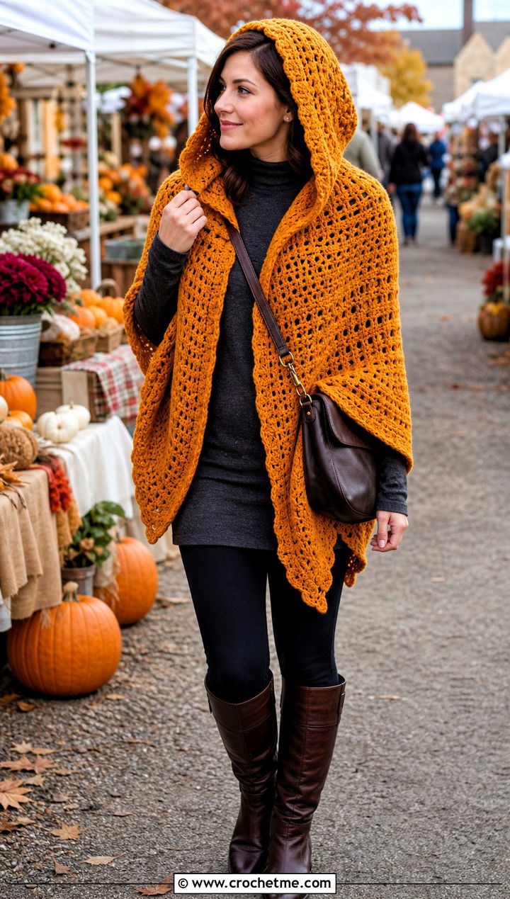 Hooded Circle Crochet Shawl With Leggings And Boots - 20 Circle Crochet Shawl outfit ideas