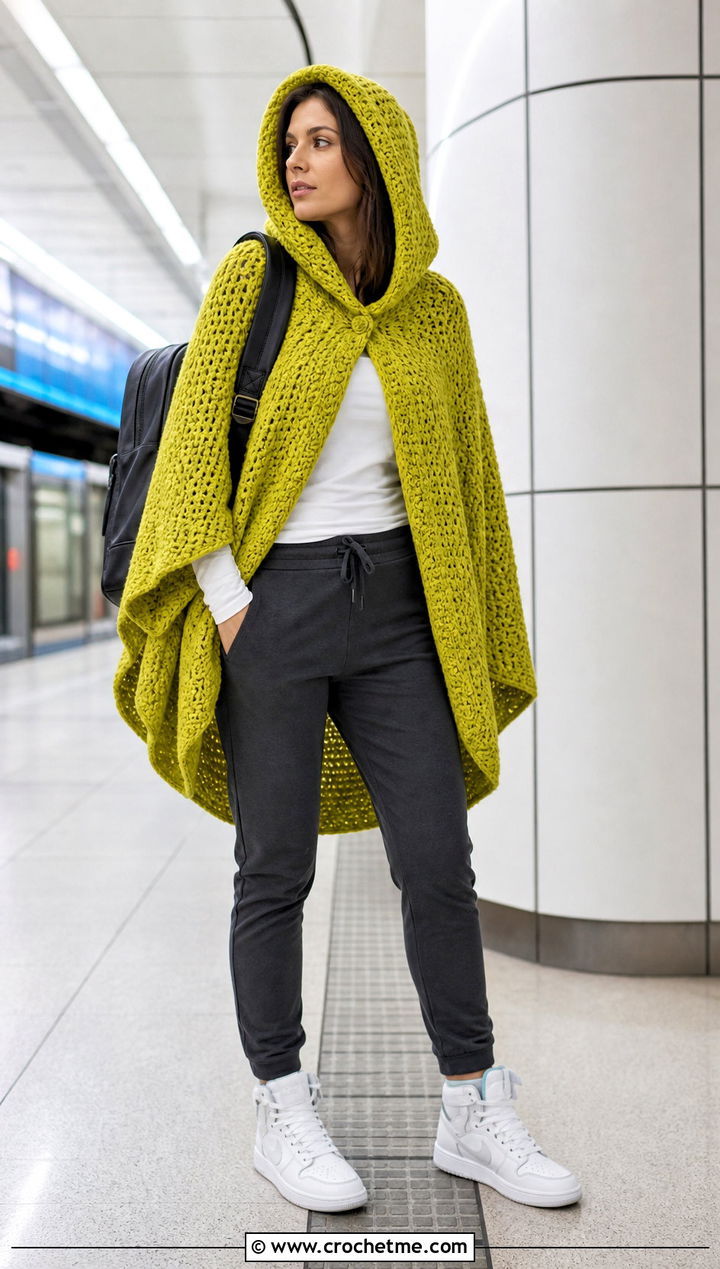 Hooded Circular Shawl With Joggers And High Top Sneakers - 30 crochet circular shawl outfit ideas
