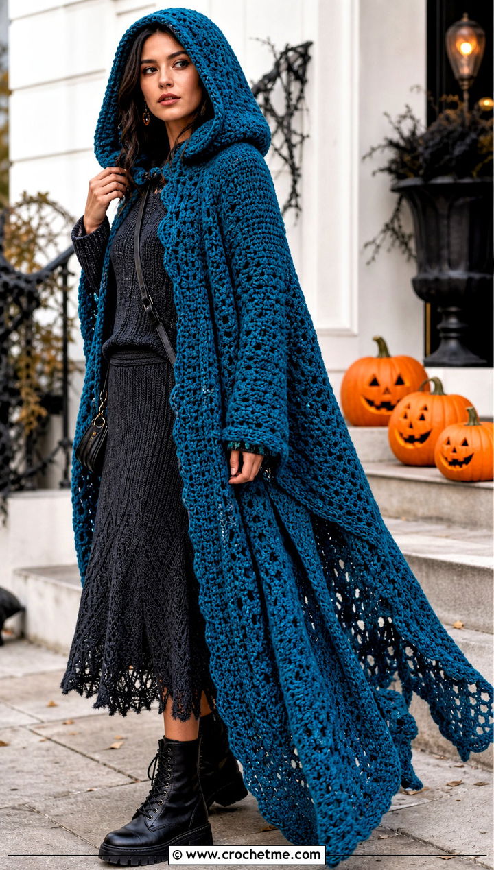 Hooded Cloak Shawl With Knit Set and Combat Boots - 25 halloween crochet shawl outfit ideas
